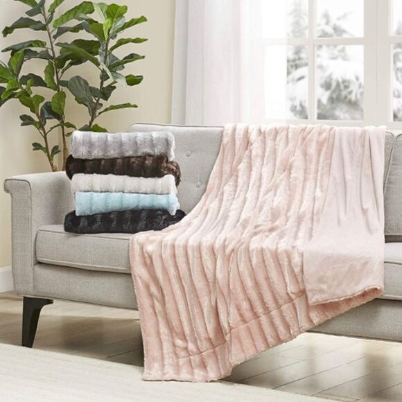 Madison Park Duke Reversible Long Faux Fur & Micro Fur Throw 50x60 Super Soft - Picture 1 of 6
